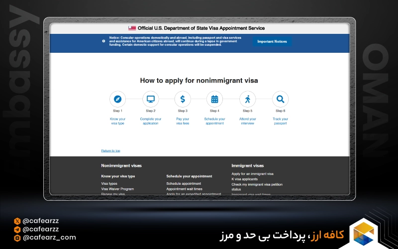 انتخاب نوع ویزا و تکمیل فرم DS-160